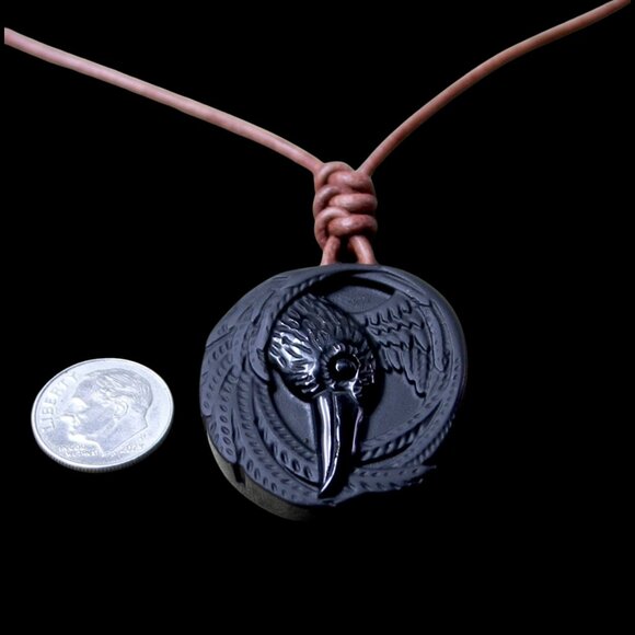 Obsidian Viking Raven Necklace with Genuine Hand Knotted Soft Brown Leather Cord - Picture 4 of 10